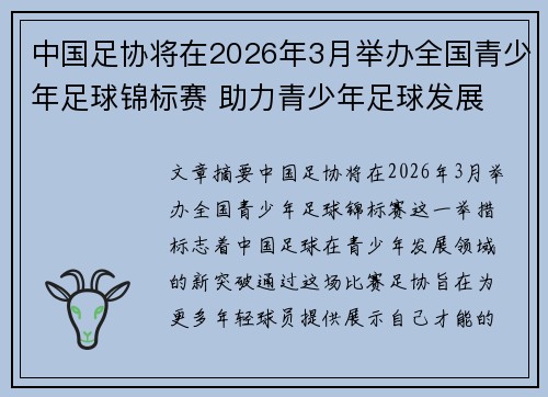 中国足协将在2026年3月举办全国青少年足球锦标赛 助力青少年足球发展 中国足协将在2026年3月举办全国青少年足球锦标赛 助力青少年足球发展
